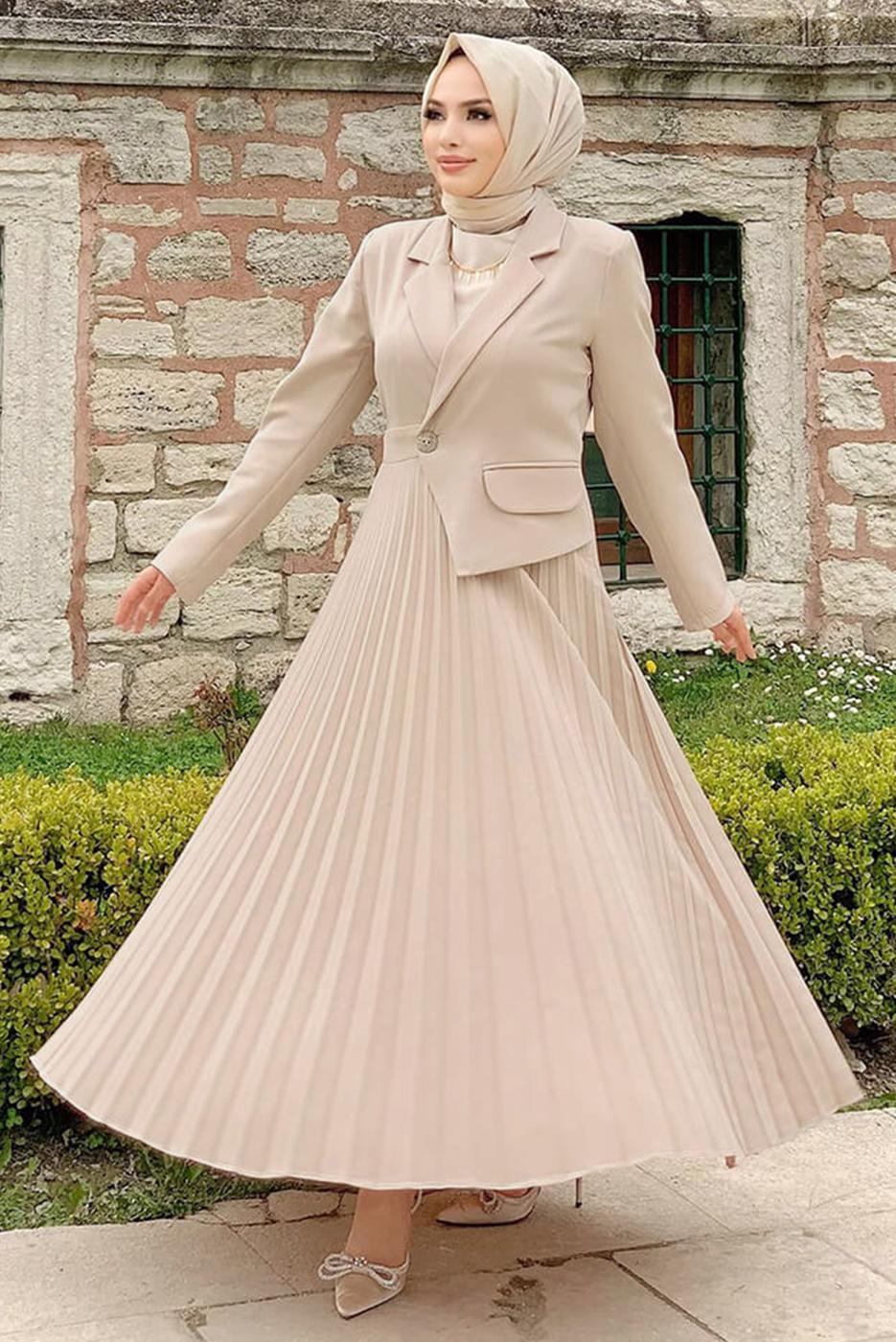 Tesettür giyim BEJ CEKET GÖRÜNÜMLÜ ELBİSE T 0073