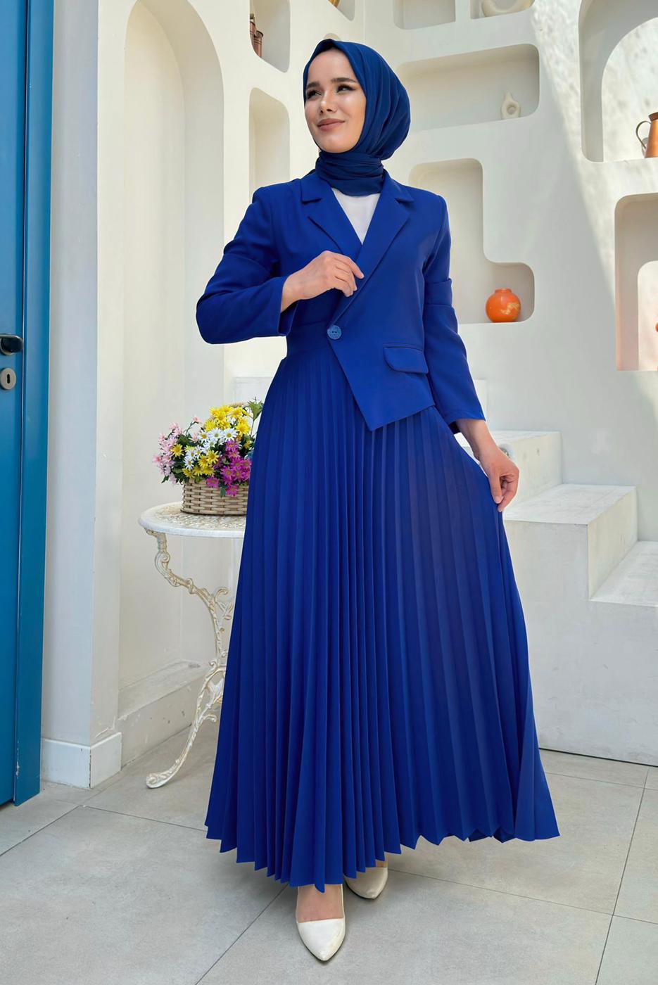 Tesettür giyim LACİVERT CEKET GÖRÜNÜMLÜ ELBİSE T 0073