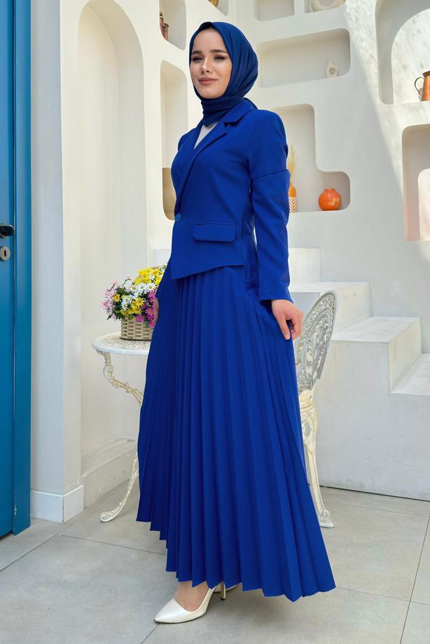 Tesettür giyim LACİVERT CEKET GÖRÜNÜMLÜ ELBİSE T 0073 - TRENDTESETTÜR
