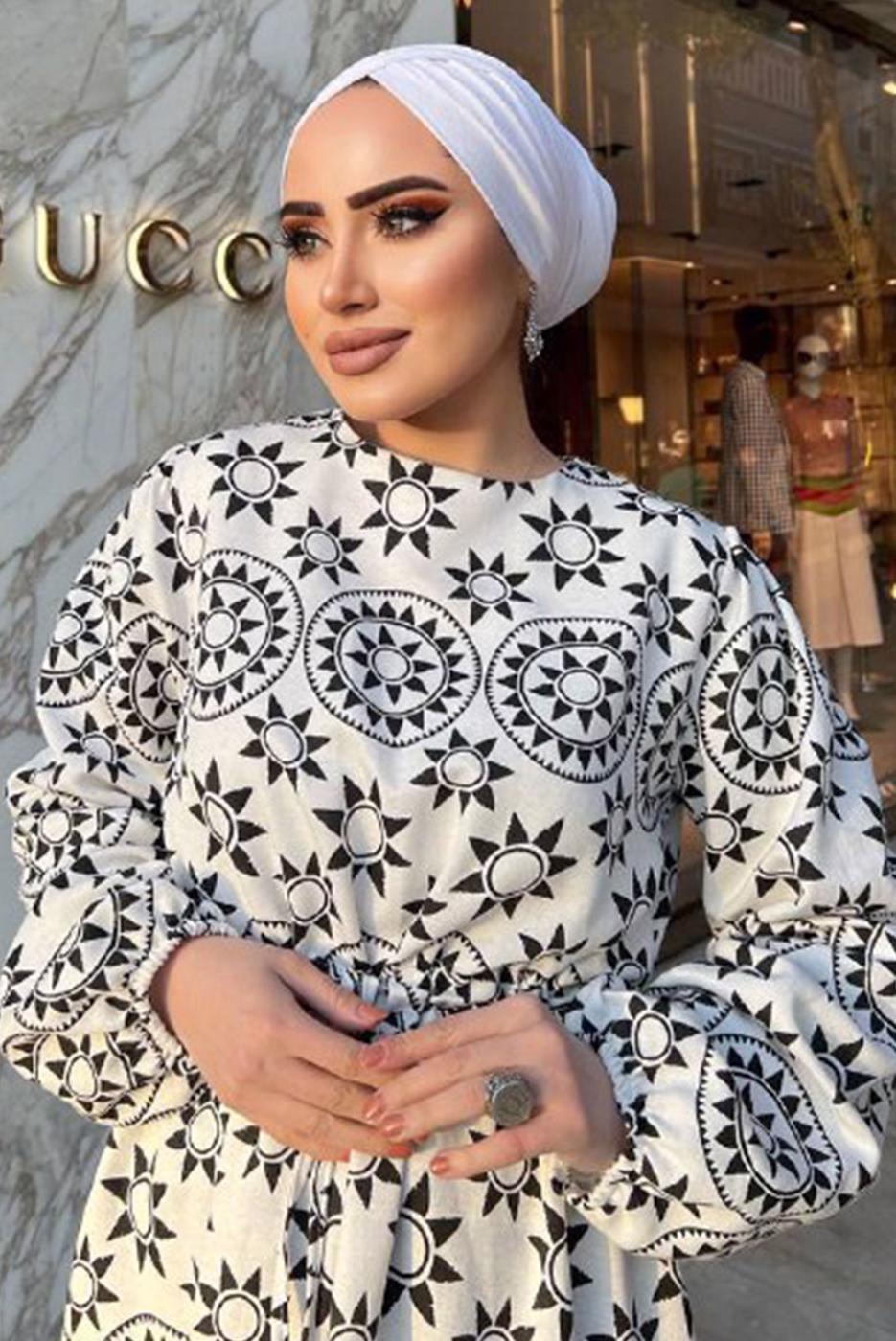 Tesettür giyim SİYAH BASKI DETAYLI KETEN ELBİSE 0357 