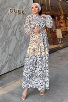 Tesettür giyim SİYAH BASKI DETAYLI KETEN ELBİSE 0357 