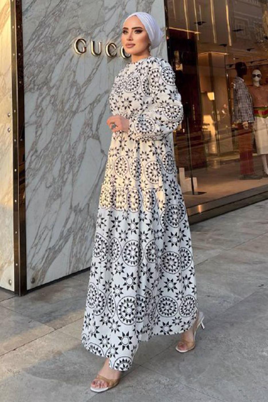 Tesettür giyim SİYAH BASKI DETAYLI KETEN ELBİSE 0357 