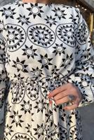 Tesettür giyim SİYAH BASKI DETAYLI KETEN ELBİSE 0357 