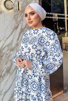 Tesettür giyim MAVİ BASKI DETAYLI KETEN ELBİSE 0357 