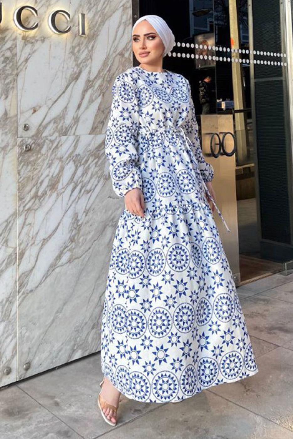 Tesettür giyim MAVİ BASKI DETAYLI KETEN ELBİSE 0357 