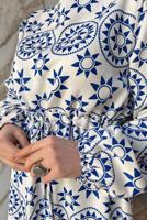 Tesettür giyim MAVİ BASKI DETAYLI KETEN ELBİSE 0357 