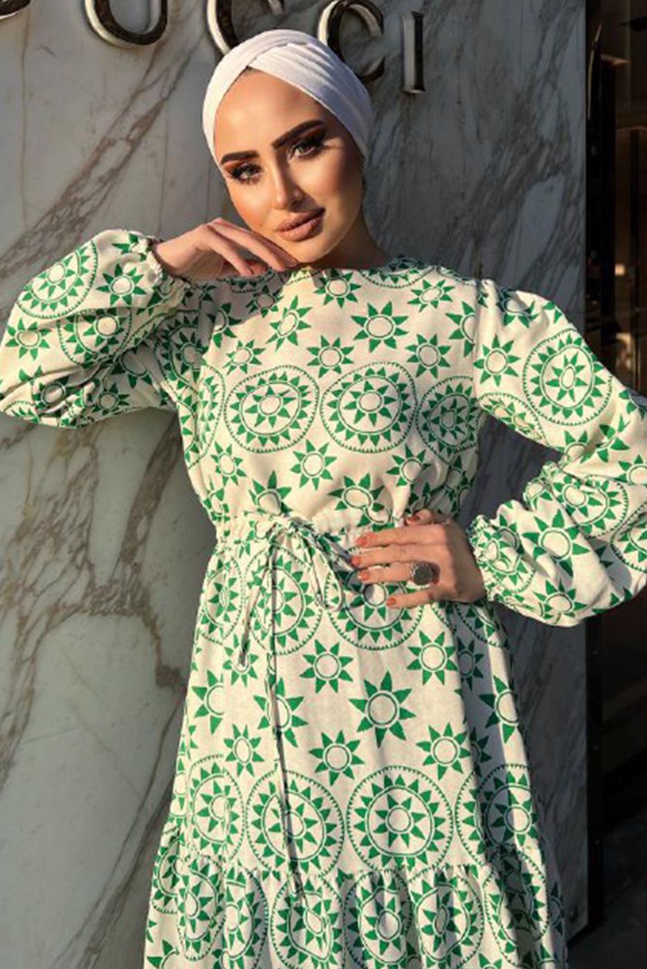 Tesettür giyim YEŞİL BASKI DETAYLI KETEN ELBİSE 0357 