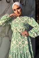 Tesettür giyim YEŞİL BASKI DETAYLI KETEN ELBİSE 0357 