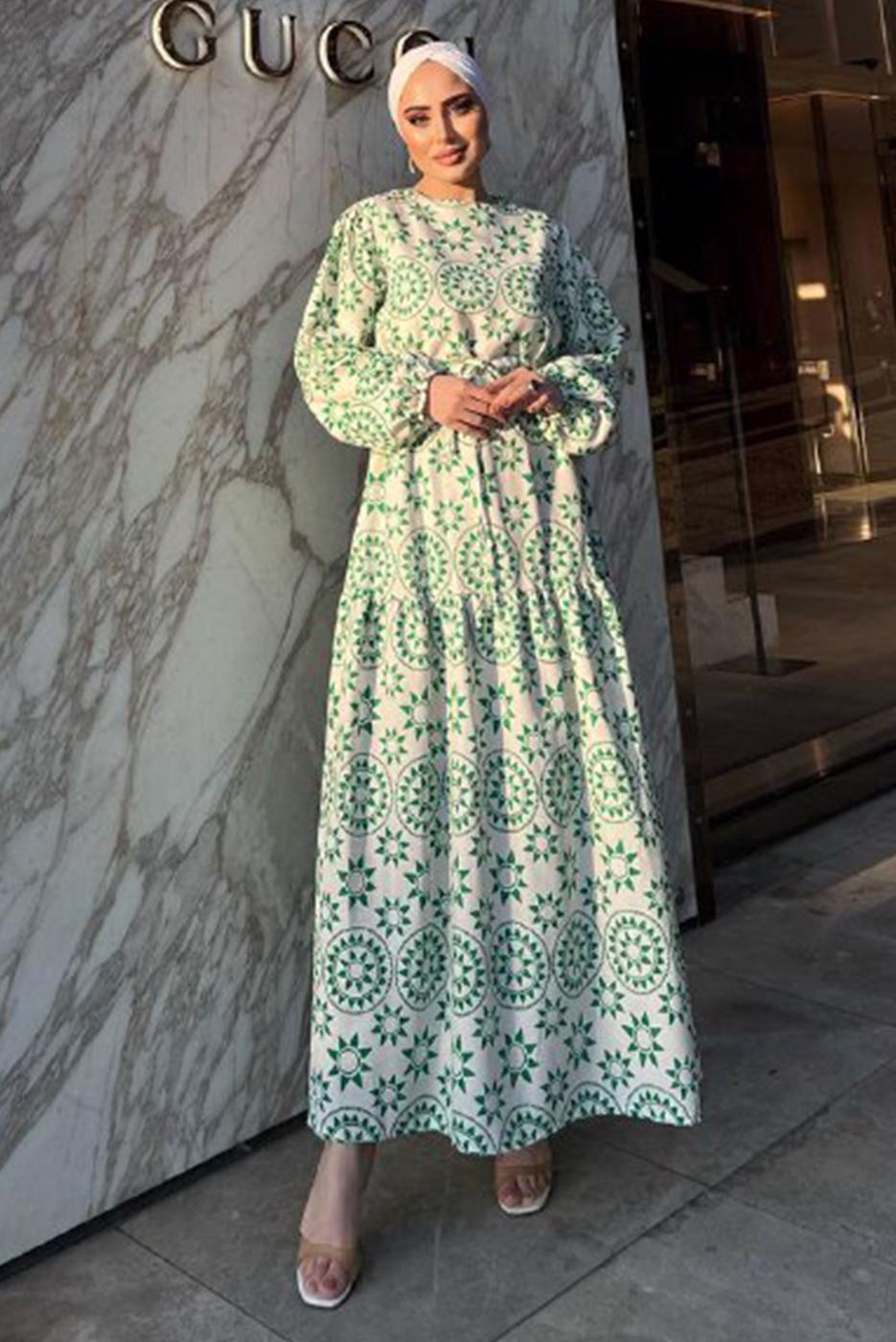 Tesettür giyim YEŞİL BASKI DETAYLI KETEN ELBİSE 0357 