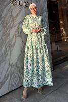 Tesettür giyim YEŞİL BASKI DETAYLI KETEN ELBİSE 0357 