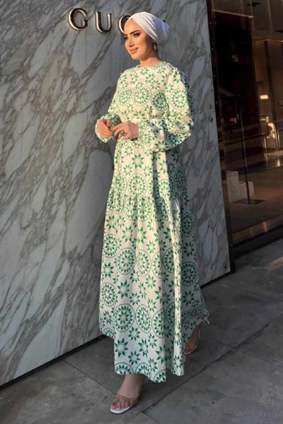 Tesettür giyim YEŞİL BASKI DETAYLI KETEN ELBİSE 0357 