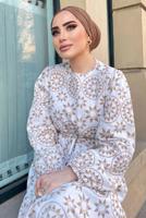 Tesettür giyim KAHVE BASKI DETAYLI KETEN ELBİSE 0357 