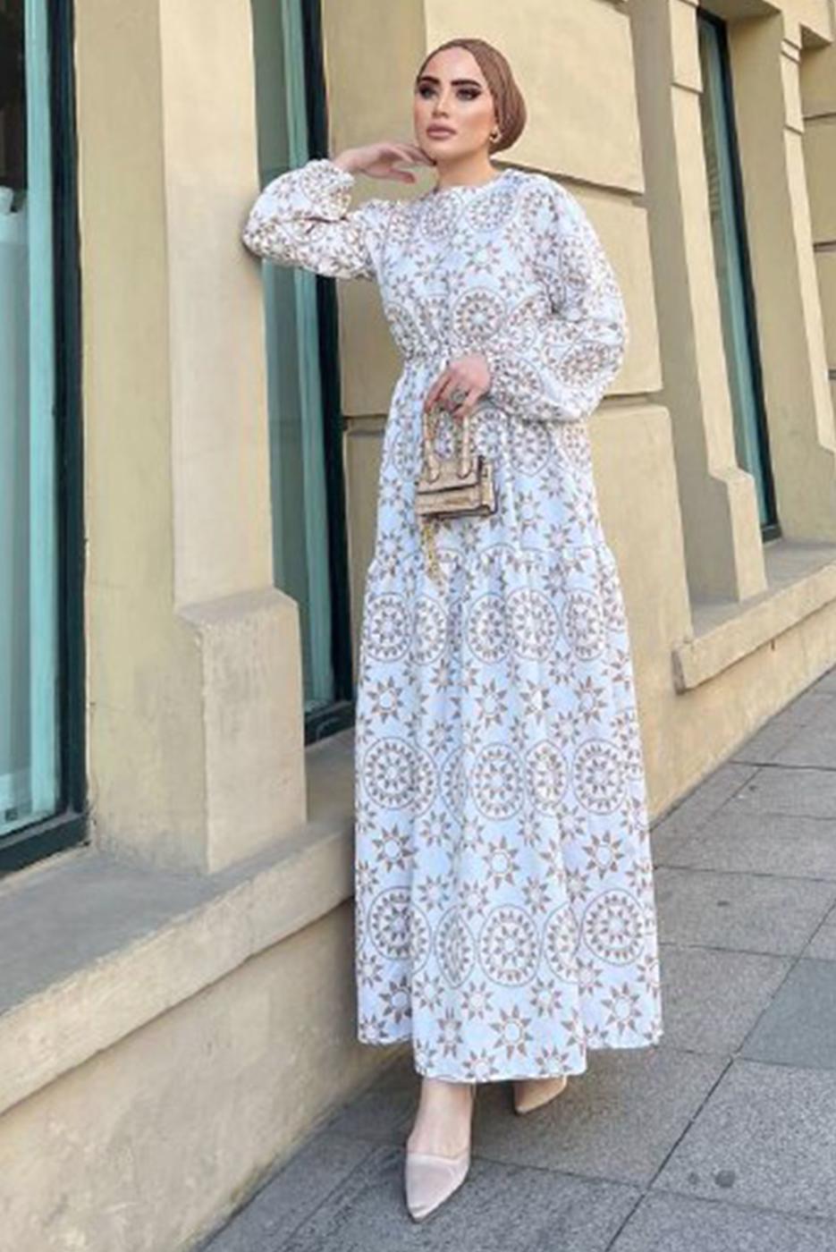 Tesettür giyim KAHVE BASKI DETAYLI KETEN ELBİSE 0357 