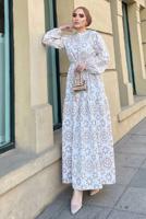 Tesettür giyim KAHVE BASKI DETAYLI KETEN ELBİSE 0357 