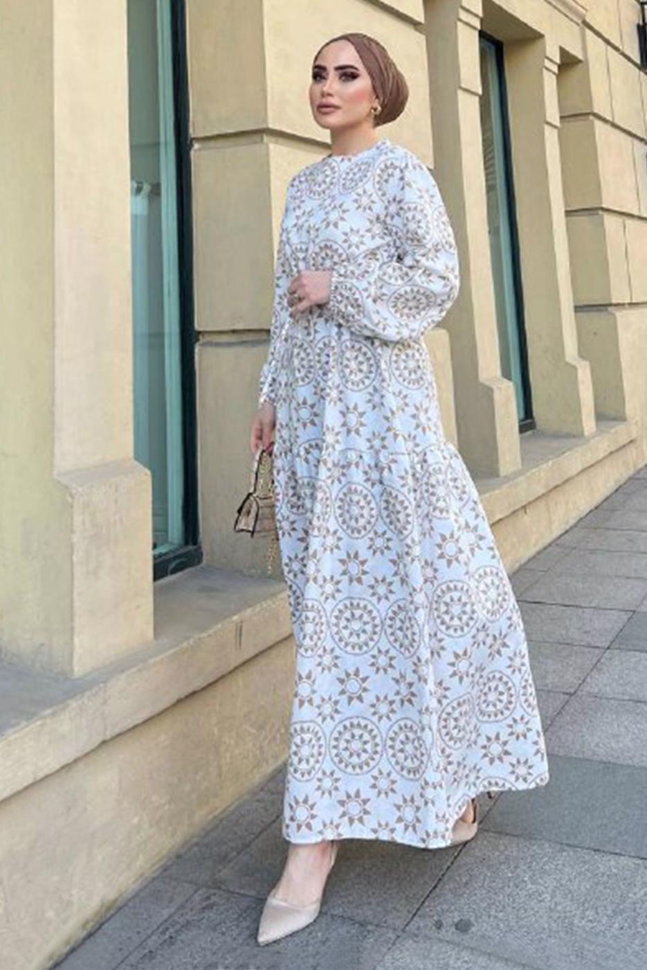 Tesettür giyim KAHVE BASKI DETAYLI KETEN ELBİSE 0357 