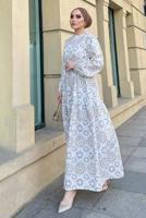 Tesettür giyim KAHVE BASKI DETAYLI KETEN ELBİSE 0357 