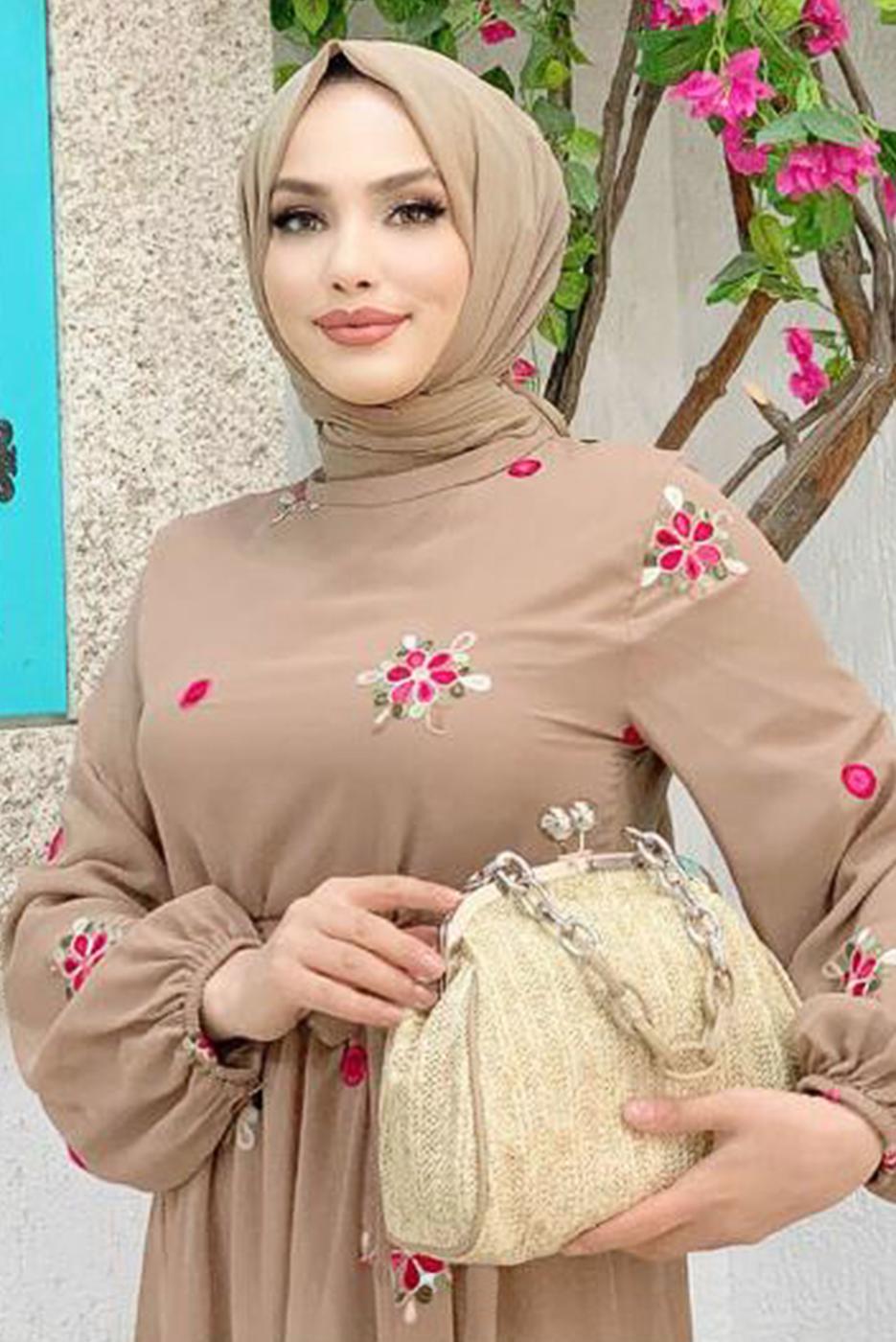 Tesettür giyim VİZON ÇİÇEK NAKIŞLI ELBİSE 0463 