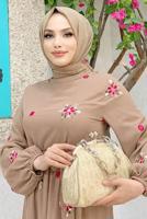 Tesettür giyim VİZON ÇİÇEK NAKIŞLI ELBİSE 0463 