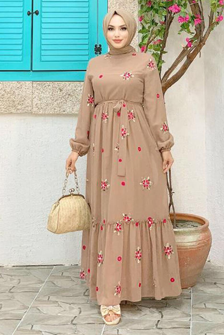 Tesettür giyim VİZON ÇİÇEK NAKIŞLI ELBİSE 0463 