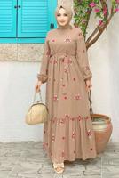 Tesettür giyim VİZON ÇİÇEK NAKIŞLI ELBİSE 0463 