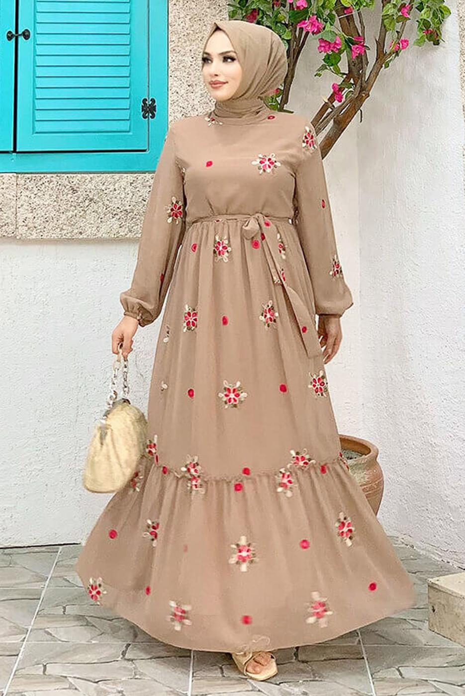 Tesettür giyim VİZON ÇİÇEK NAKIŞLI ELBİSE 0463 