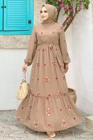 Tesettür giyim VİZON ÇİÇEK NAKIŞLI ELBİSE 0463 