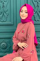 Tesettür giyim PEMBE ÇİÇEK NAKIŞLI ELBİSE 0463 