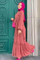 Tesettür giyim PEMBE ÇİÇEK NAKIŞLI ELBİSE 0463 