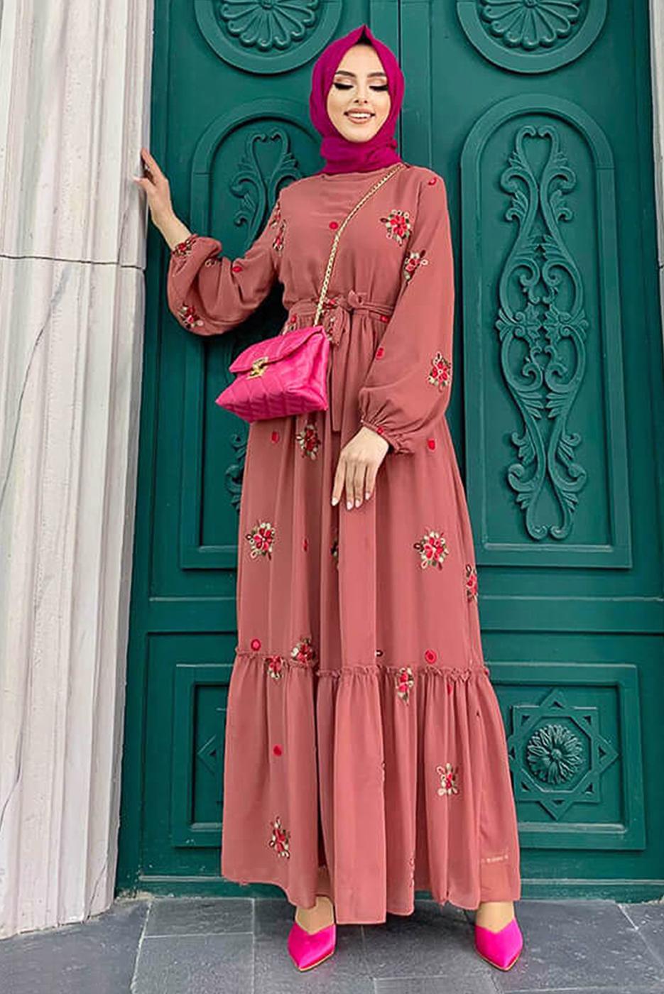 Tesettür giyim PEMBE ÇİÇEK NAKIŞLI ELBİSE 0463 