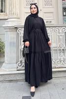 Tesettür giyim SİYAH GÜPÜR DETAYLI BELİ BÜZGÜLÜ ELBİSE 0537 