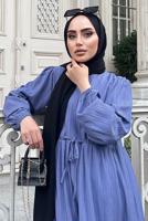 Tesettür giyim MAVİ GÜPÜR DETAYLI BELİ BÜZGÜLÜ ELBİSE 0537 
