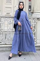 Tesettür giyim MAVİ GÜPÜR DETAYLI BELİ BÜZGÜLÜ ELBİSE 0537 