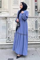Tesettür giyim MAVİ GÜPÜR DETAYLI BELİ BÜZGÜLÜ ELBİSE 0537 