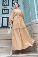 Tesettür giyim KAHVE GÜPÜR DETAYLI BELİ BÜZGÜLÜ ELBİSE 0537 