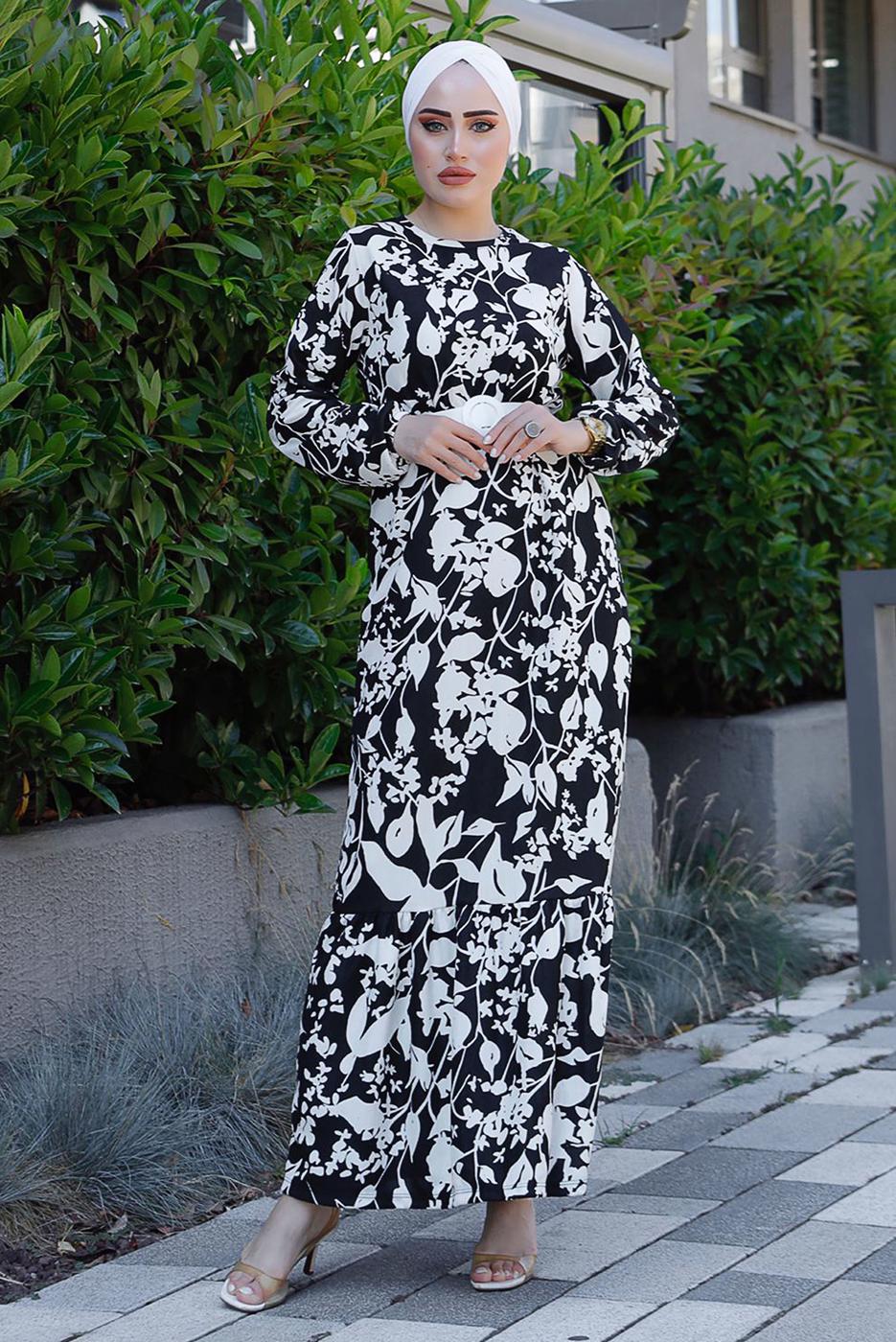 Tesettür giyim SİYAH KEMERLİ DESENLİ ELBİSE 0552 