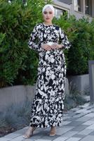 Tesettür giyim SİYAH KEMERLİ DESENLİ ELBİSE 0552 