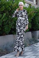 Tesettür giyim SİYAH KEMERLİ DESENLİ ELBİSE 0552 