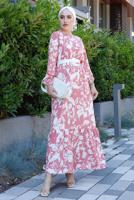 Tesettür giyim PUDRA KEMERLİ DESENLİ ELBİSE 0552 