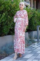 Tesettür giyim PUDRA KEMERLİ DESENLİ ELBİSE 0552 