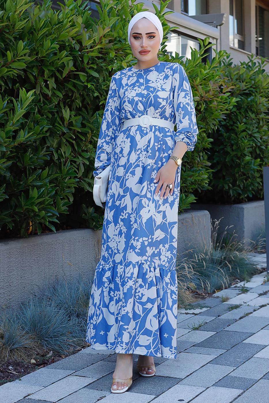 Tesettür giyim LACİVERT KEMERLİ DESENLİ ELBİSE 0552 