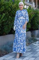 Tesettür giyim LACİVERT KEMERLİ DESENLİ ELBİSE 0552 