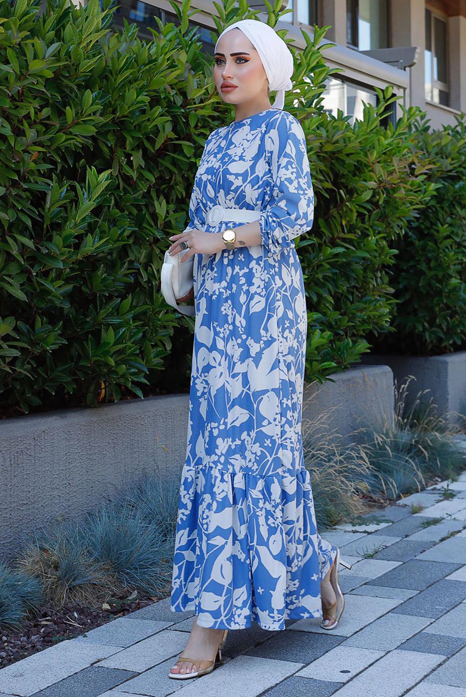 Tesettür giyim LACİVERT KEMERLİ DESENLİ ELBİSE 0552 