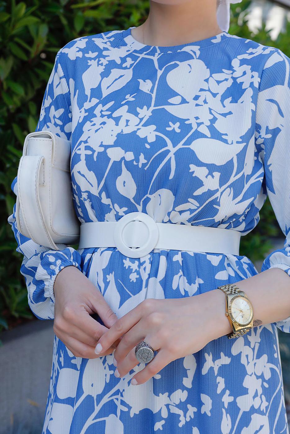 Tesettür giyim LACİVERT KEMERLİ DESENLİ ELBİSE 0552 