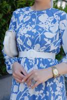 Tesettür giyim LACİVERT KEMERLİ DESENLİ ELBİSE 0552 