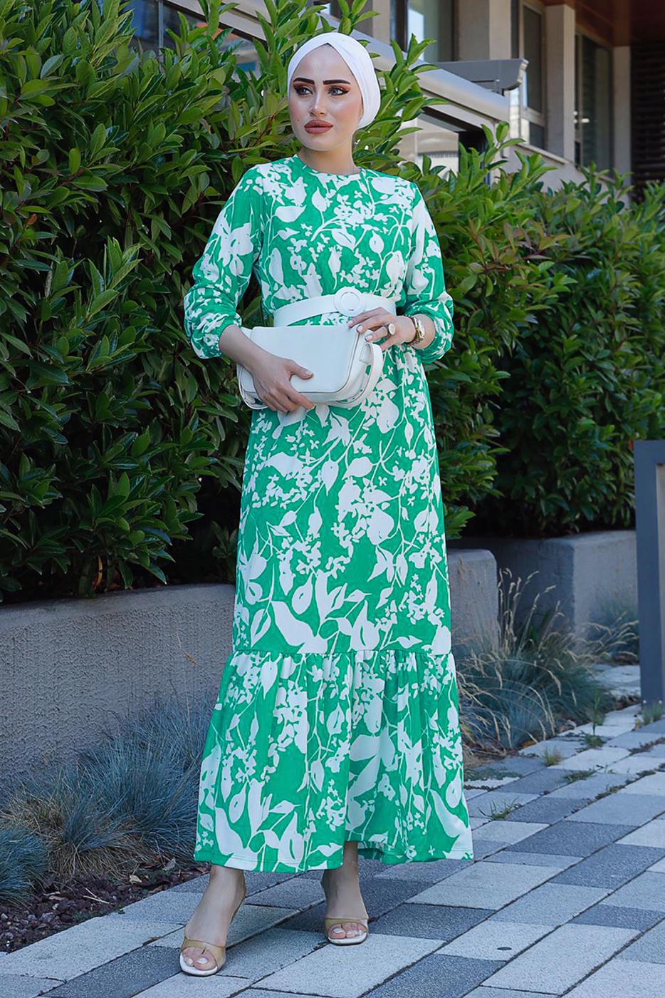 Tesettür giyim YEŞİL KEMERLİ DESENLİ ELBİSE 0552 