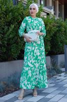 Tesettür giyim YEŞİL KEMERLİ DESENLİ ELBİSE 0552 