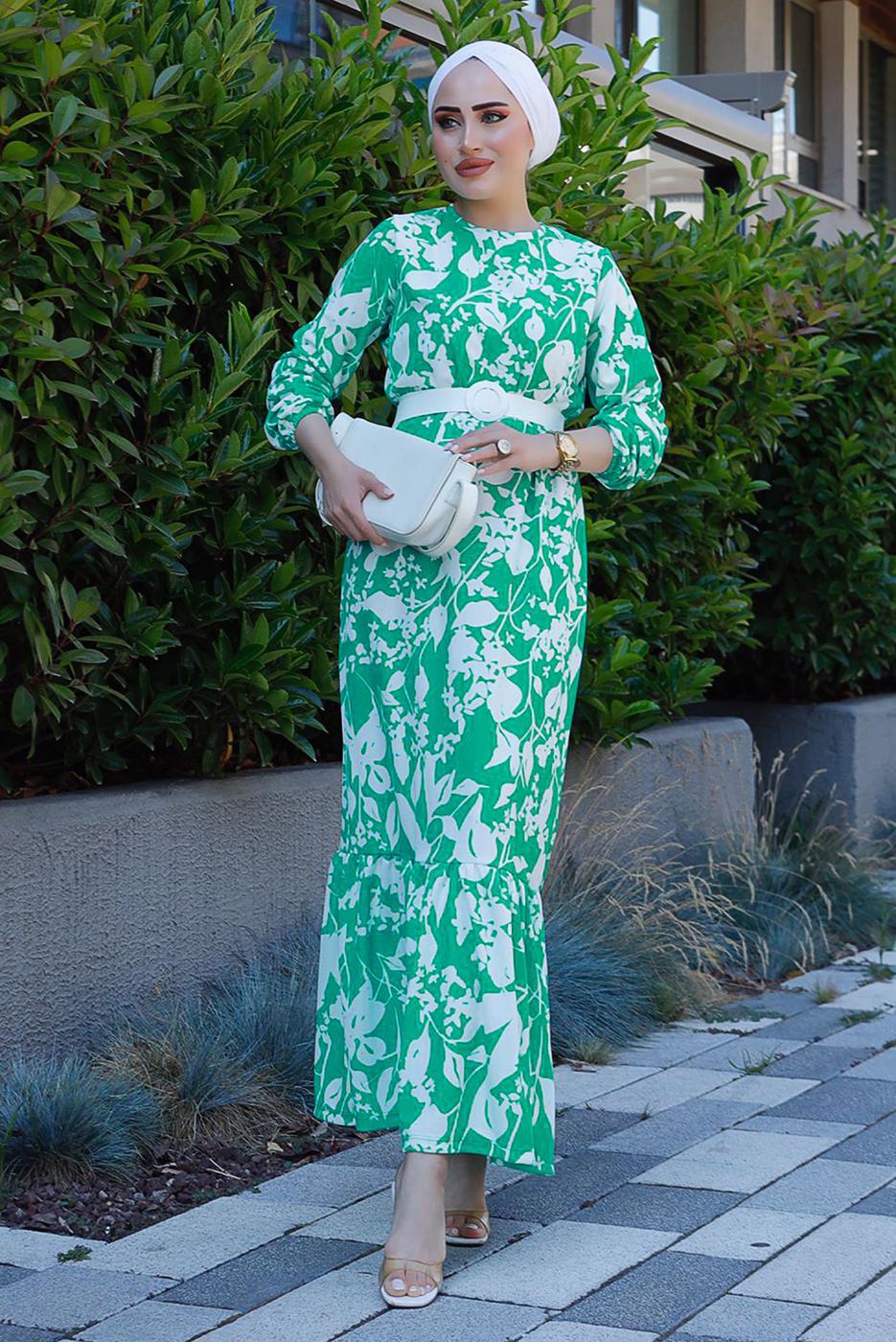 Tesettür giyim YEŞİL KEMERLİ DESENLİ ELBİSE 0552 