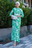 Tesettür giyim YEŞİL KEMERLİ DESENLİ ELBİSE 0552 