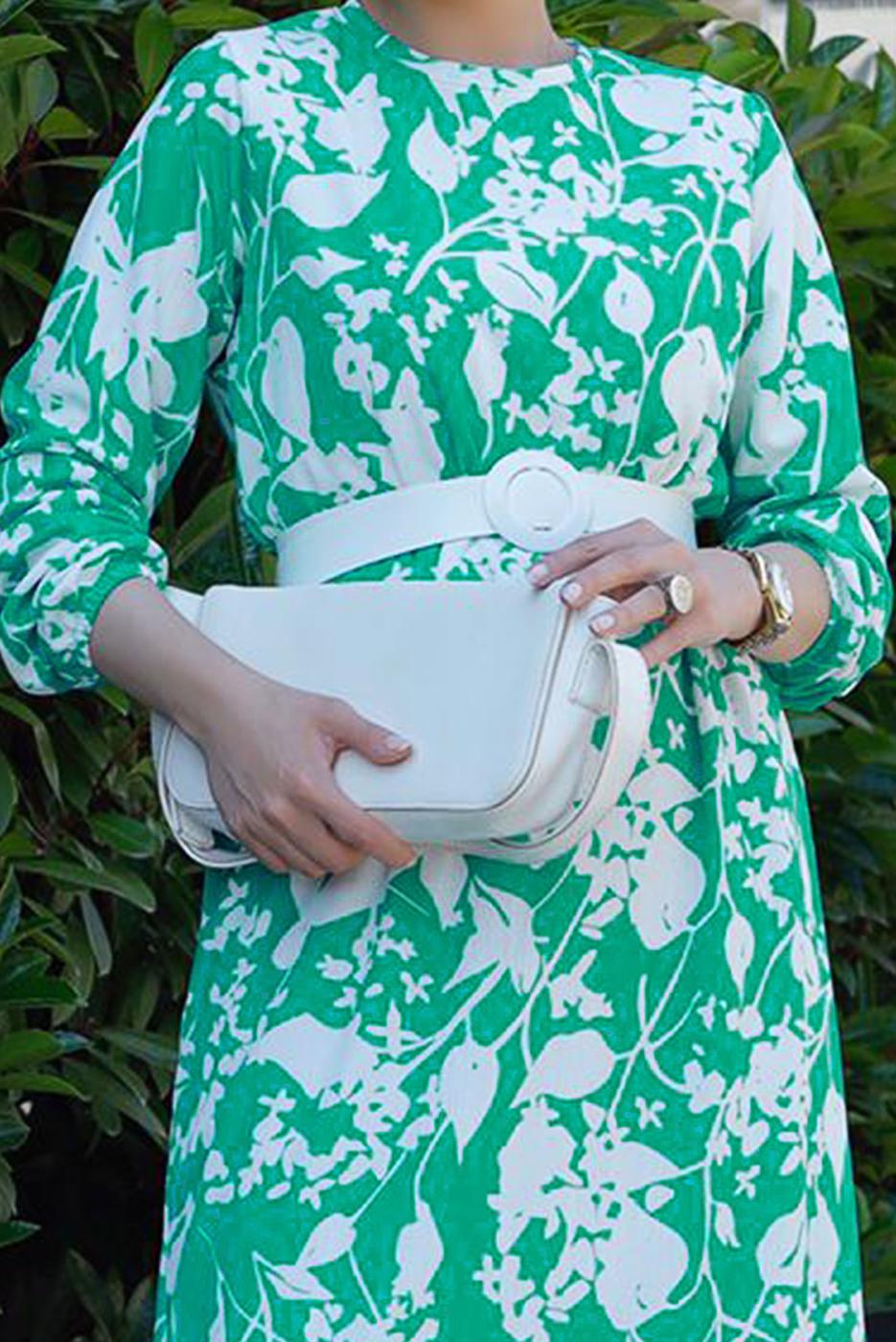 Tesettür giyim YEŞİL KEMERLİ DESENLİ ELBİSE 0552 