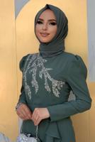 Tesettür giyim YEŞİL VOLANLI TAŞ İŞLEMELİ ELBİSE 0563 